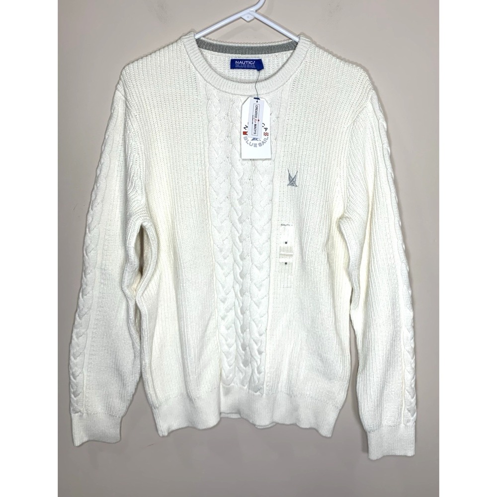 NEW Nautica Cable Knit Sweater Mens M Ivory Embroidered Sailboat w/Tags Cotton